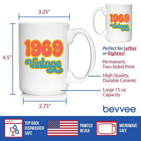 Vintage 1969 Fun 55th Birthday Coffee Mug Gifts for Men & Women, Retro 15oz White Ceramic Coffee Cups