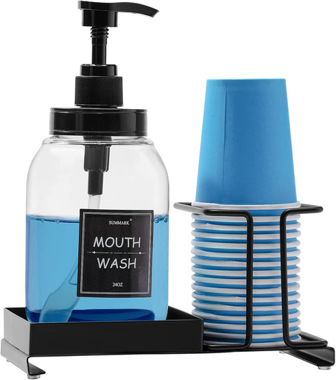 Summark Mouthwash Dispenser for Bathroom,Mouth Wash Pump Bottle with Stainless Steel Cup Holder,24