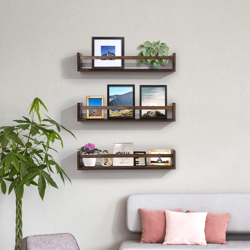 24 Inch Set 3 AZSKY Nursery Book Shelves Deep Walnut Floating Bookshelf for Kids Room Wall Mounted Floating Shelves