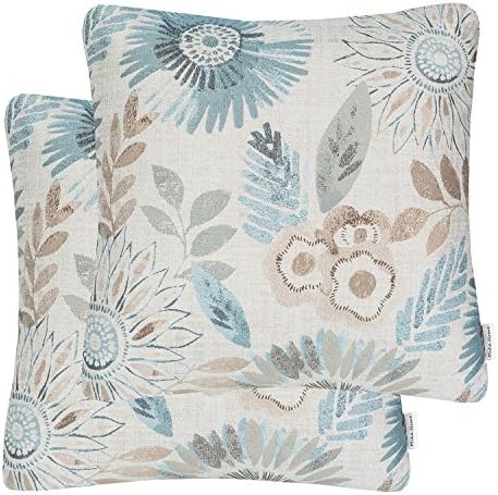 Pack of 2 Decorative Throw Pillow Cases Cushion Cover for Sofa Couch Bed, Sunflower Pattern, 20x20 Inches, Blue Cream