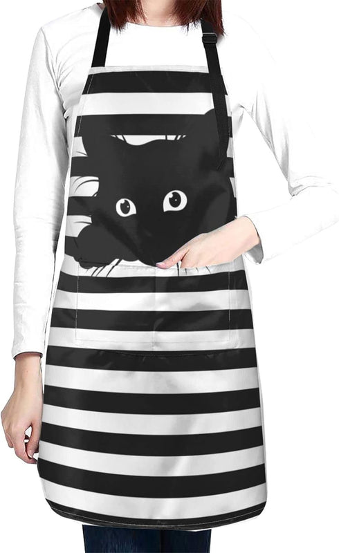 Funny Black Cat Waterproof Apron with 2 Pockets - Kitchen Chef Aprons Bibs for Cooking, Baking, Painting, Gardening