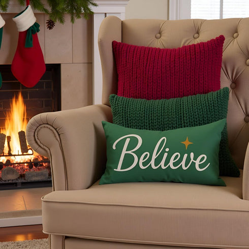 12x20 Inch, Christmas Throw Pillow Cover Forest Green Believe Christmas Decor, Outdoor Xmas Winter Holiday Lumbar