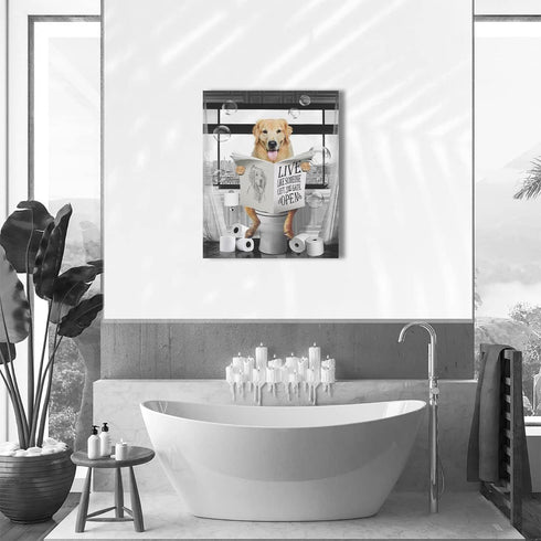 Golden Retriever Canvas Wall Art, Black and White Funny Dog Sitting in Toilet Painting for Bathroom