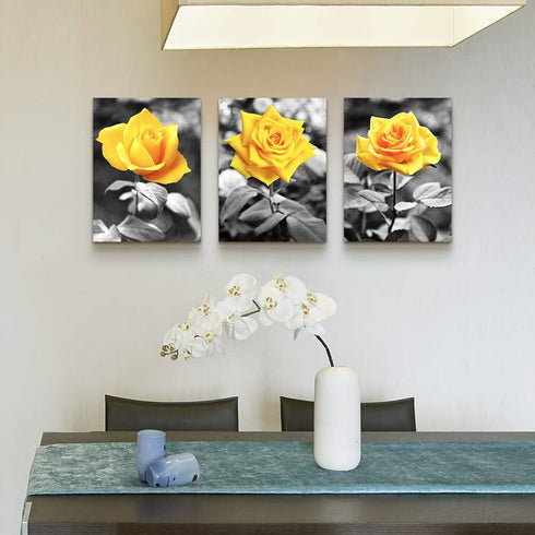 Canvas Wall Art - Black and White Yellow Rose Flowers Paintings - 12" x 16" - 3 Pieces Framed Modern Office Home Decor