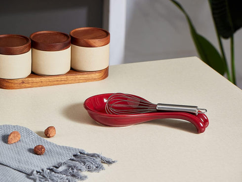 ONEMORE Ceramic Spoon Rest, Extra Wide Heat-Resistant Ladle Holder for Kitchen Counter Utensils, Large, Red