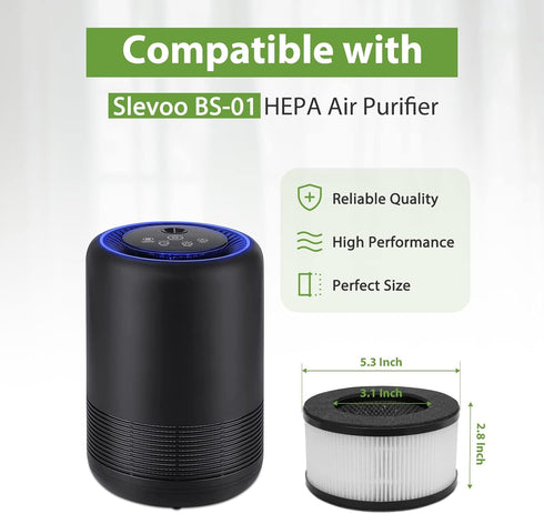 BS-01 True HEPA Replacement Filter for Slevoo BS-01 Air Purifier, 3-in-1 Air Filter Replacement (2 PACK)