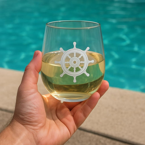 Set of 4 Stemless Boat Wine Glasses – 16oz Unbreakable Nautical Glasses with Anchor, Compass, Helm & Life Ring,