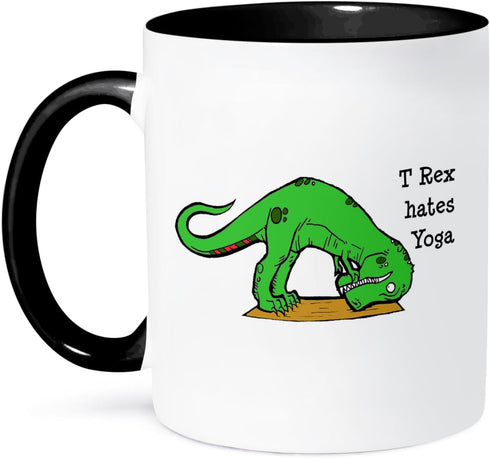3dRose T Rex Hates Yoga Two Tone Mug, 11 oz - Black