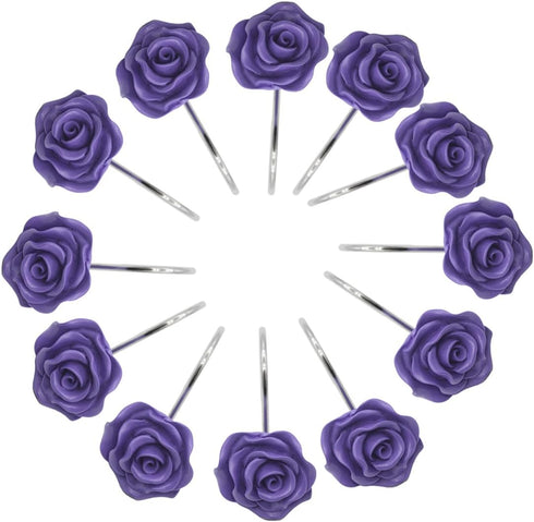 12 PCS Decorative Anti Rust Shower Curtain Hooks, Rose Design Shower Curtain Rings (Purple)