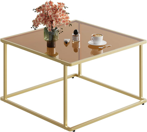 26.4 26.4in, WLIVE Coffee Table, Glass Coffee Table for Living Room, Modern Small Coffee Table with Tempered Glass