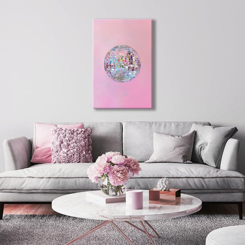 Generic 70s 12x16in Trendy Soft Pink Disco Ball Canvas Wall Art Funky Girl Silver Mirrorball Textured Poster Maximalist