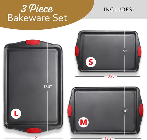 Baking Sheet Set, 3-Piece Cookie Sheet Set with Silicone Handles, Steel Baking Pans Set, Durable Baking Sheets for Oven, BPA Free Cookie Sheets for Baking Nonstick Set, Sheet Pan - Black Baking Pan by EATEX