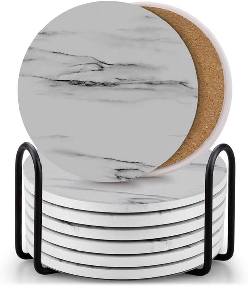 EAGMAK Set of 8 Absorbent Marble Style Ceramic Coasters for Drinks with Holder, Grey, Home Decor