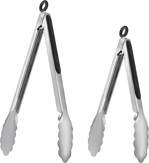 ALLTOP Metal Cooking Tongs Set of 2, Stainless Steel Food Tongs with No-slip Silicon, 9 & 12 inch, Black