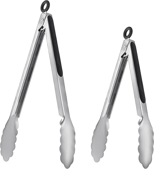ALLTOP Metal Cooking Tongs Set of 2, Stainless Steel Food Tongs with No-slip Silicon, 9 & 12 inch, Black