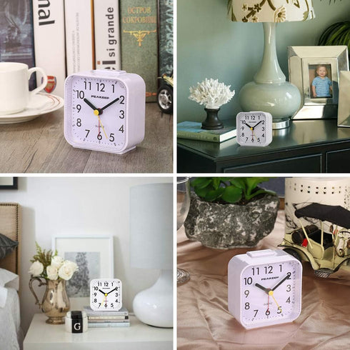 Peakeep Small Battery Operated Analog Travel Alarm Clock, Silent No Ticking with Lighted on Demand and Snooze