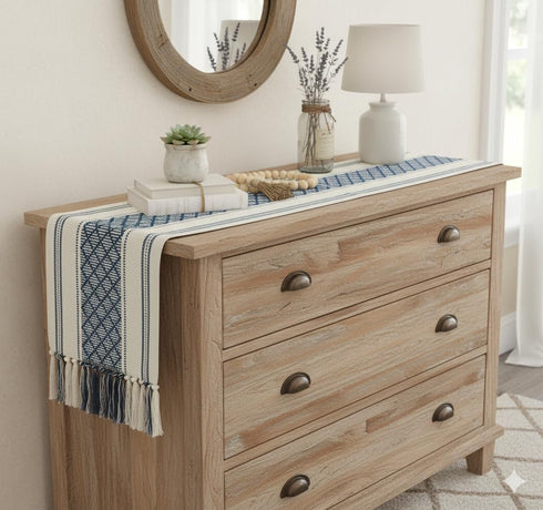 14 72 Inches, Boho Table Runner with Tassel x Blue & Cream, Woven Washable Dresser Scarf and Topper for Bedroom