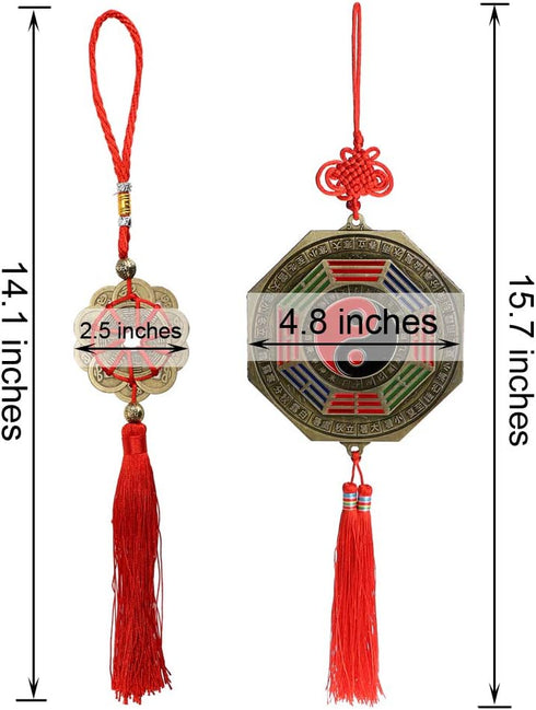 MDLUU 3 Pcs Bagua Mirror Feng Shui Ornaments, Guardian Lion, Ancient Coins with Chinese Knot Tassel, Lucky Charm