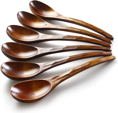 AOOSY Wooden Soup Spoons, 6 Pieces 7.84 Inches Japanese Ramen Spoons, Round Nanmu Wood Long Handle for Kitchen
