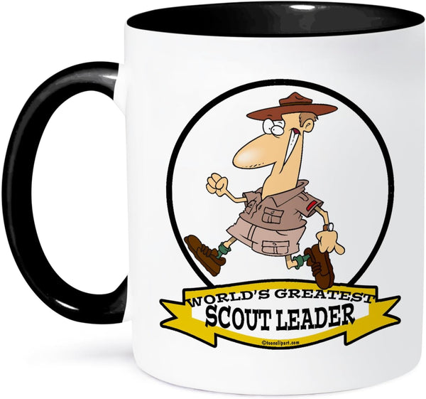 3dRose Funny Worlds Greatest Scout Leader Cartoon Mug, Two Tone, 11 oz, Black/White