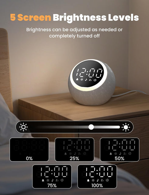 25 LIORQUE Alarm Clock with White Noise Machine & Night Light, Soothing Sound, Adjustable Volume, Sleep Timer, Ideal