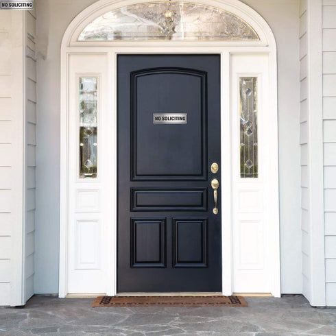No Soliciting Sign for House Door 7.0" x 2.0" Aluminum Metal Signboard with Strong Self Adhesive (4 Pack, Silver)