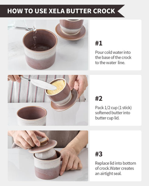 XELA Ceramic Butter Crock, The Original Reactive Two-Colour Glaze, Butter Dish With Water Line for Spreadable Fresh