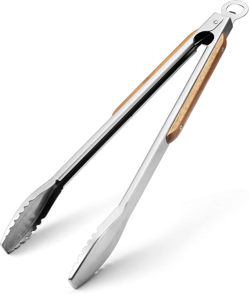 Wood-Handled Grill Tongs, 19.5"/50cm Extra Long BBQ Tongs, Heavy Duty Stainless Steel for Charcoal and Grilling.