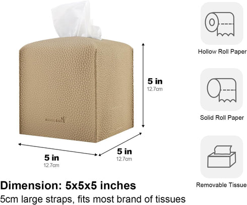 Tissue Box Cover 5X5X5'' PU Leather Tissue Holder, Square Tissue Cube Box Organizer for Bathroom, Kitchen, Office
