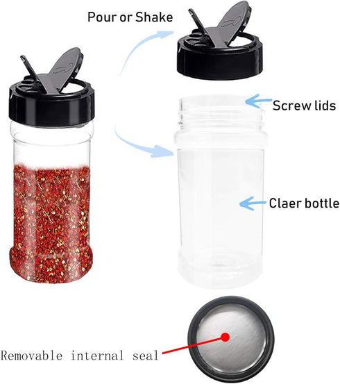 16 3.5oz PCS Plastic Seasoning Containers with Black Screw Lids to Pour or Shake,Portable Empty Clear Spice