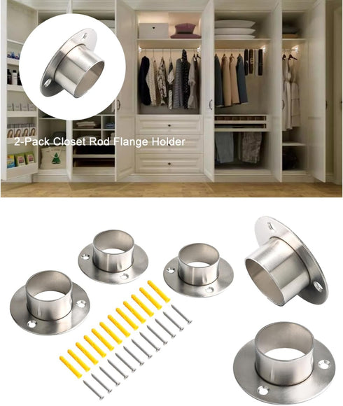 Stainless Steel Closet Rod Flange Holder for 1.5 inch (38mm) Diameter Steel Pipe, Pack of 2