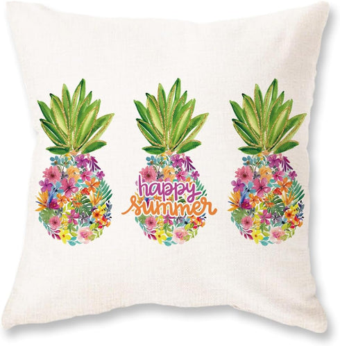 ONWAY Summer Throw Pillow Cover 18x18 Tropical Pineapples Floral Cushion Case for Happy Summer Decor