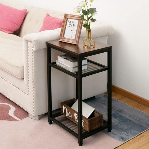 2-Tier Side Table with Mesh Shelves, Open Shelves Small End Table, Industrial Wood Look Night Stand with Metal Frame