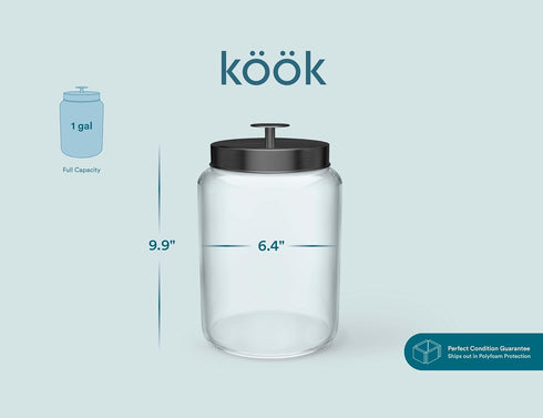 KooK Glass Storage Containers with Lids, 1 Gallon, Set of 2, Black Circular Glass Jars for Kitchen Storage