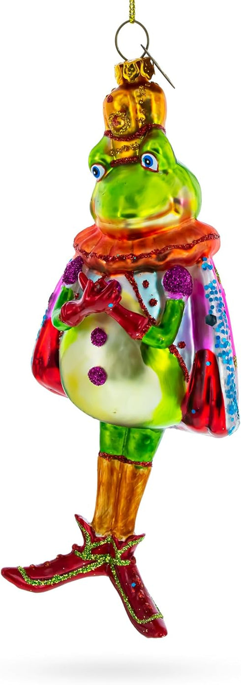 Frog King Donned in Robe Blown Glass Christmas Ornament