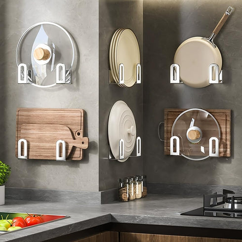 Self Adhesive Stainless Steel Pantry Organization Rack for Cutting Board Storage, Pot Lid Holder