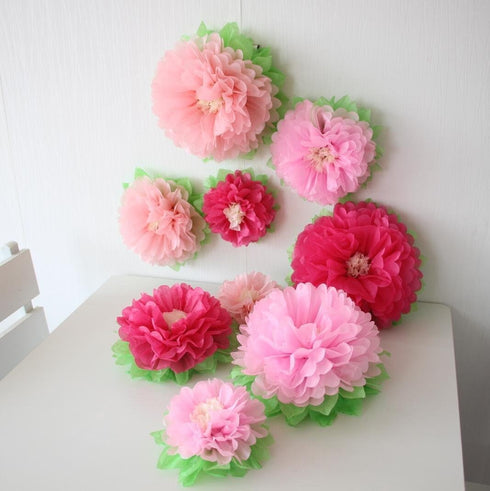 Pink Paper Flower Pack of 9 for Wedding Centerpiece, Birthday Party Backdrop, Nursery Room Wall Decoration