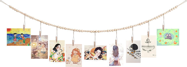 Wall Hanging Photo Display with Wooden Beads Garland, Collage Picture Frame for Boho Home Decor