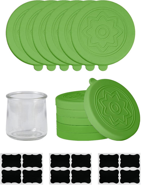12 Pack Silicone Oui Yogurt Jar Lids with 8 Labels, Food-Grade Lids
