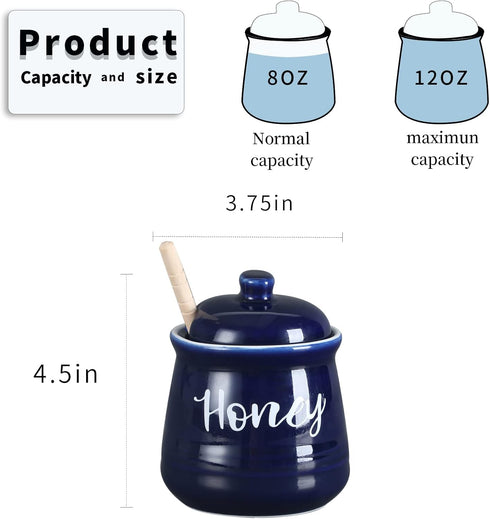 Set 12oz,Easy HAOTOP Farmhouse Porcelain Honey Jar with Dipper and Lid to Clean (Navy)