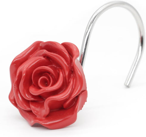 BEAVO Shower Curtain Hooks, Decorative Rustproof Resin Rose Flower Shower Hooks, Set of 12 (Red)