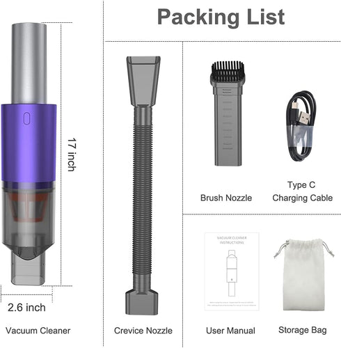 Mini Vacuum Cleaner Cordless, Portable with Two-speeds Adjustable, USB Charging, 120W Brushless Motor, 15KPa Suction