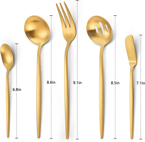 Matte Gold Serving Silverware Set, 5-Piece Round Shared Utensils Set of Stainless Steel, Hostess Flatware Serving Set, Satin Finish, Dishwasher Safe by VANVRO