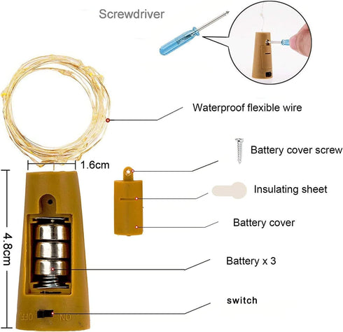24 Pack 20LED YJFWAL Wine Bottle Lights with Cork, Cork Shape Silver Copper Wire Fairy Mini String Lights, Battery