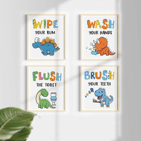 Dinosaur Bathroom Decor - Funny Themed Inspirational Quotes Art Print, Set of 4 (8”X10”), Unframed