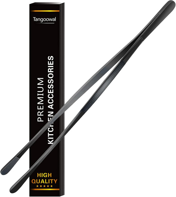 12-Inch Professional Kitchen Tweezers Tongs, Stainless Steel Long Tweezer Tongs, Black Coated for BBQ and Plating
