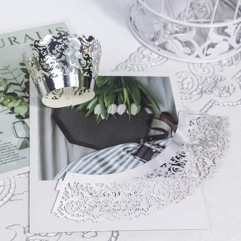 YOZATIA 60 Silver Vine Lace Cupcake Wrappers, Laser Cut Liners for Weddings and Special Events