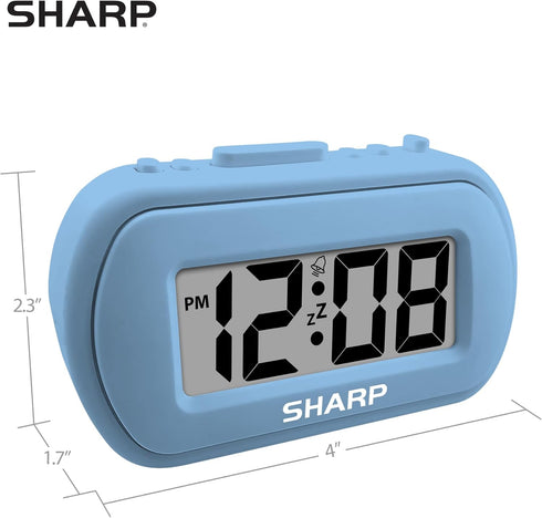 Sharp Digital Alarm Clock, Tactile Case with Soft Rubberized Finish, Battery Operated, Blue Backlight on Demand,