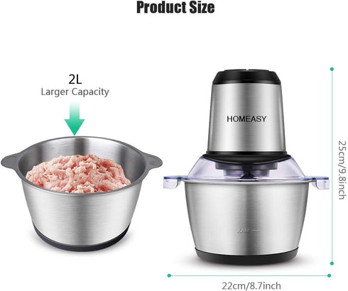 Electric Meat Grinder, 2L Stainless Steel Food Processor, 350W Meat Blender, 4 Sharp Blades, 8 Cups for Vegetables