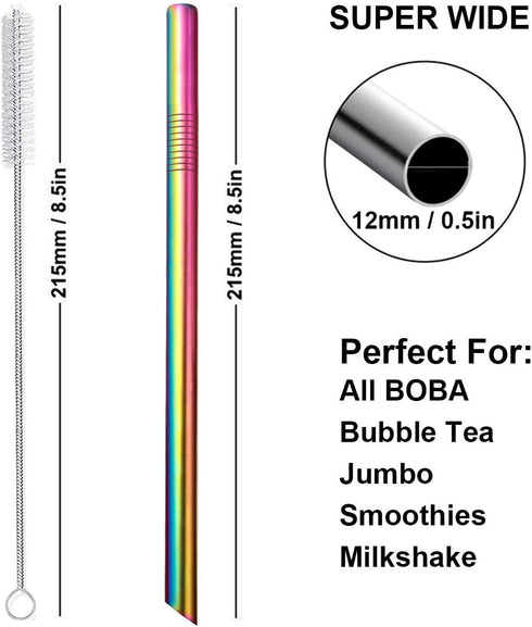 Reusable Rainbow Metal Boba Smoothie Straws, Wide Thick Angled Tip with Carry Case and Brush, 4 Pack